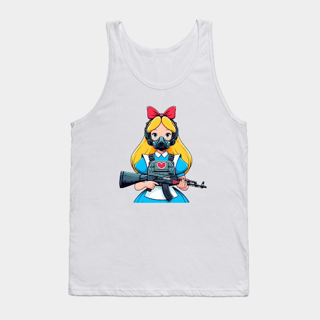 Tactical Wonderland Odyssey Tee: A Unique Twist on Alice's Journey Tank Top by Rawlifegraphic